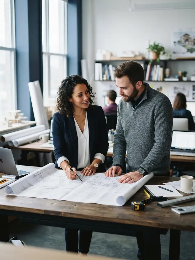 Two colleagues reviewing project plans together at a desk